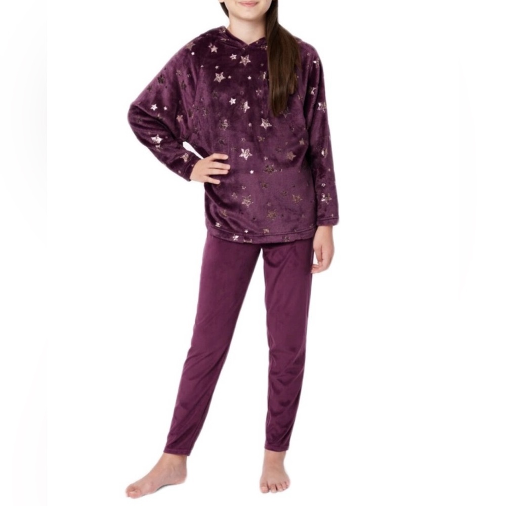 Justice Girls Plush Hooded Rhododendron Pajamas 2-Piece Pj Set Stars Animal Ears